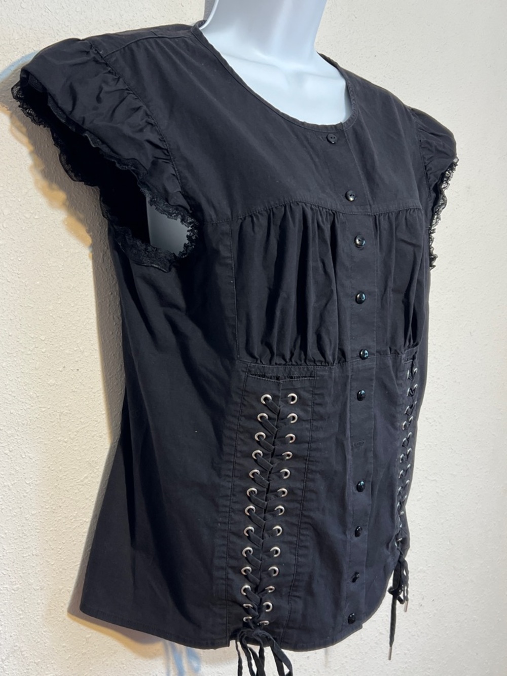 Moda International Black Lace-Trim Button Front Blouse with Corset Lacing Large - Picture 4 of 12